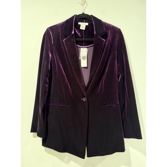 NEW Joan Vass Velvet Blazer Womens Medium Purple One Button Jacket Career Work - Picture 1 of 7